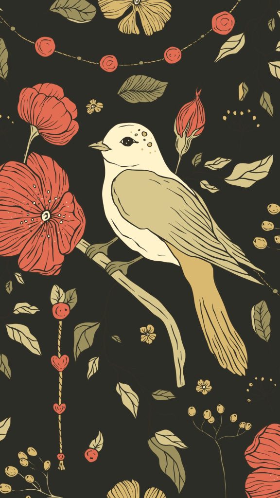 Red flowers with dove on black background William Morris Strawberry Thief Wallpapers