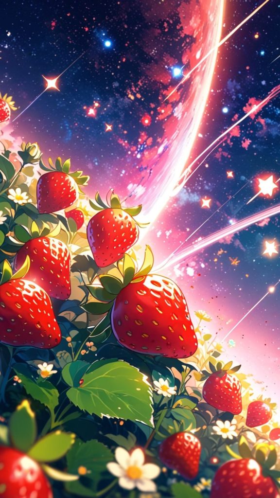 Red minimal strawberries with galaxy themed background strawberry wallpaper for I phone
