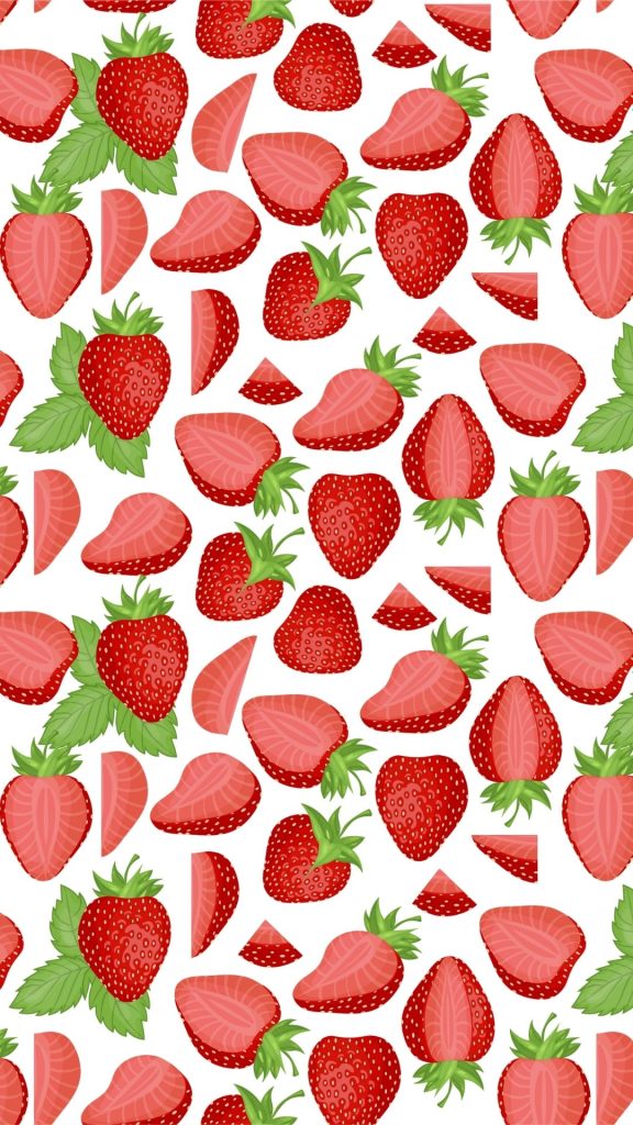 Red strawberries in different shapes on white background vintage strawberry wallpaper
