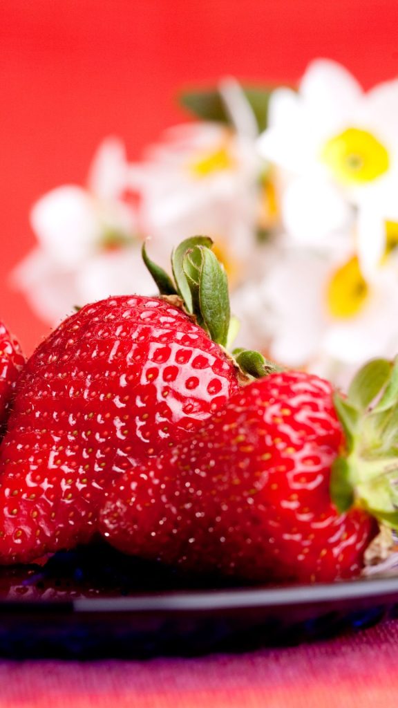 Red strawberries in plate with blurred floral background strawberry wallpaper for I phone