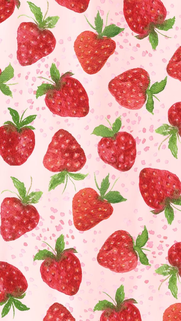 Red strawberries on pink polka dots background pastel pink strawberry wallpaper