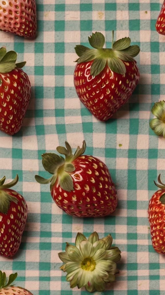 Red strawberries with blue check background vintage strawberry wallpaper
