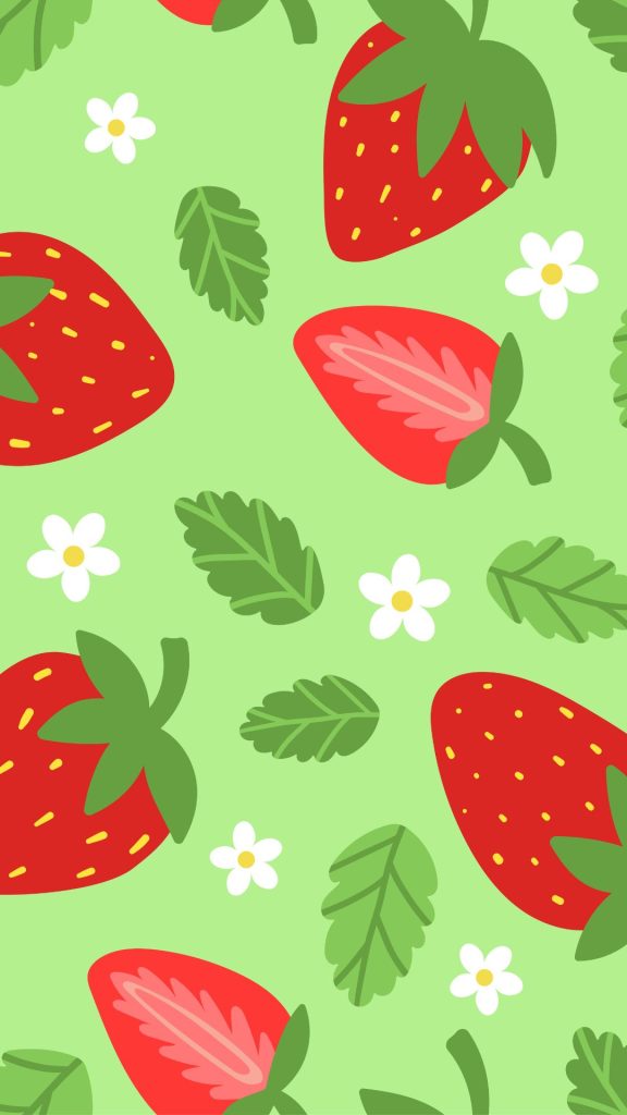 Red strawberries with daisy flowers and leaves on light green background vintage strawberry wallpaper
