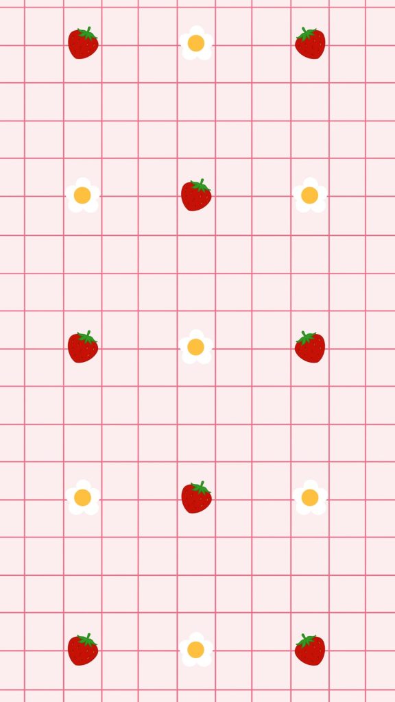 Red strawberries with daisy flowers on block background pastel pink strawberry wallpaper