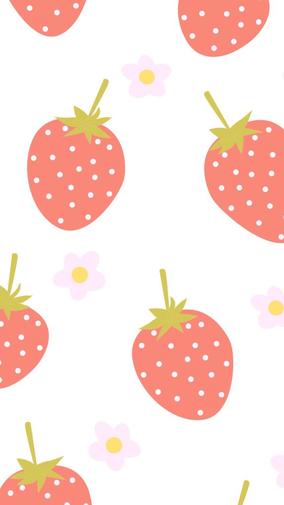 Red strawberries with flowers on white background pastel pink strawberry wallpaper