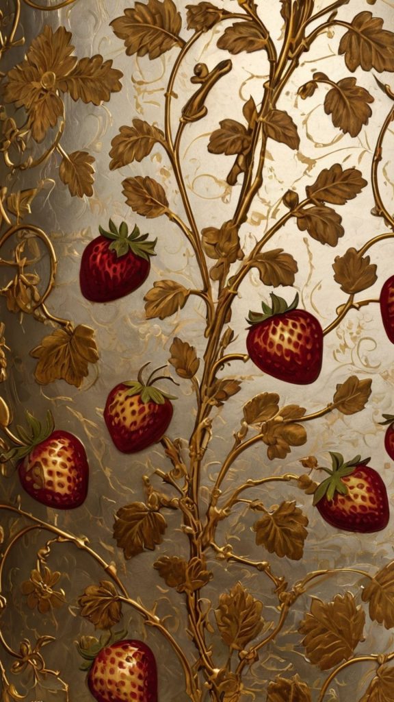 Red strawberries with golden ancient art strawberry wallpaper for I phone