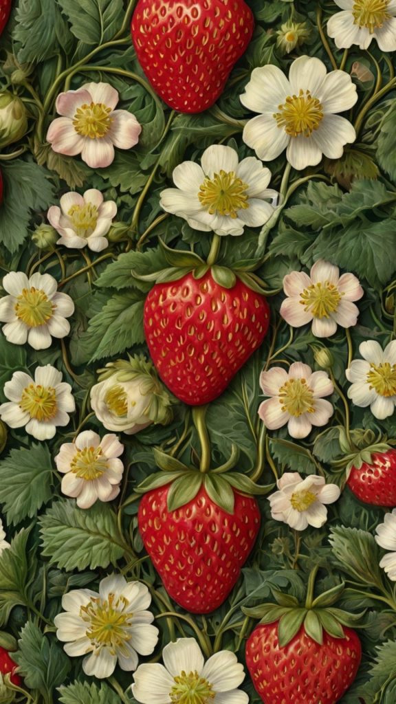 Red strawberries with jasmine flowers william morris inspired wallpaper William Morris Strawberry Thief Wallpaper