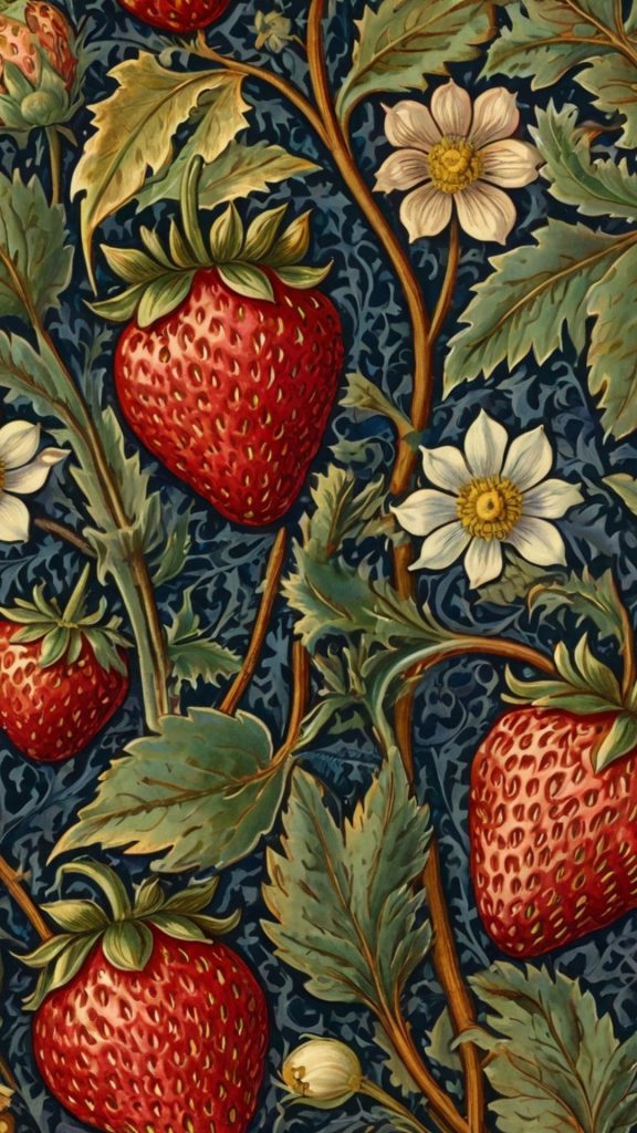 Red strawberries with leaves and flowers on blue background William Morris Strawberry Thief Wallpapers