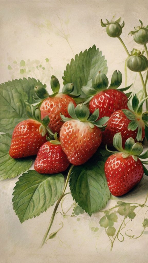 Red strawberries with leaves drawn on vintage paper vintage strawberry wallpaper