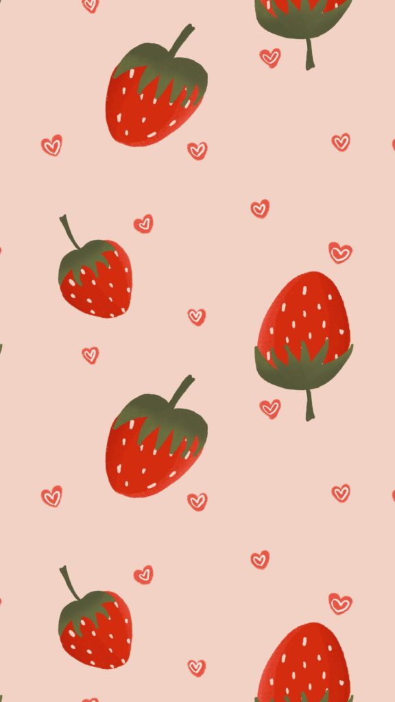 Red strawberries with red hearts on pink background pastel pink strawberry wallpaper