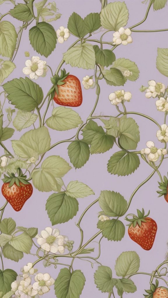 Red strawberries with white flowers and leaves on sky background pastel pink strawberry wallpaper