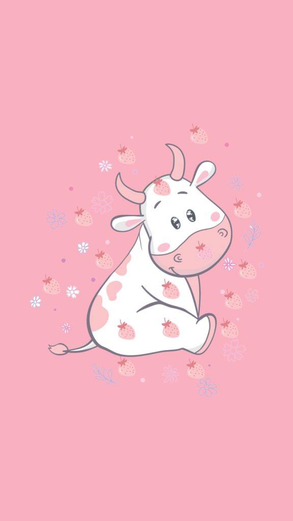Shy baby cow with strawberries on pink background kawaii strawberry cow wallpaper