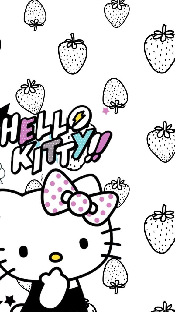 Slaying hello kitty with black strawberry outline on white background hello kitty strawberry wallpaper