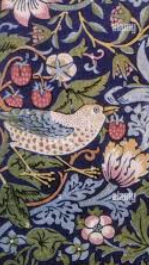 Sparrow with flowers and strawberries blue William Morris Strawberry Thief Wallpapers