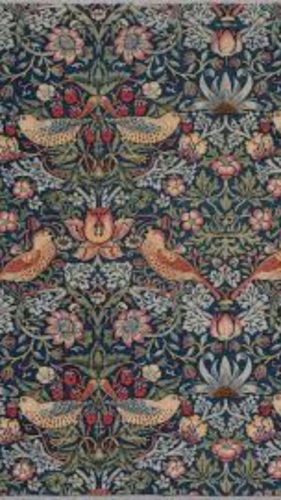 Sparrows with flowers and strawberries with leaves blue William Morris Strawberry Thief Wallpapers