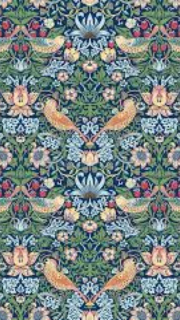 Sparrows with strawberries and floral printed background William Morris Strawberry Thief Wallpapers