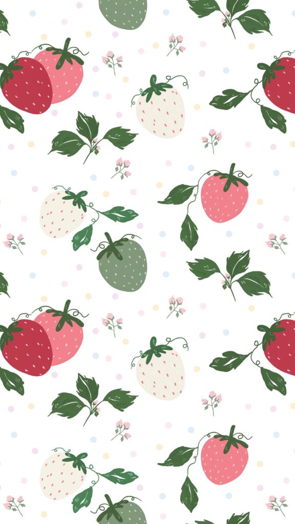 Strawberries in light shades with leaves and polka dots background pastel pink strawberry wallpaper