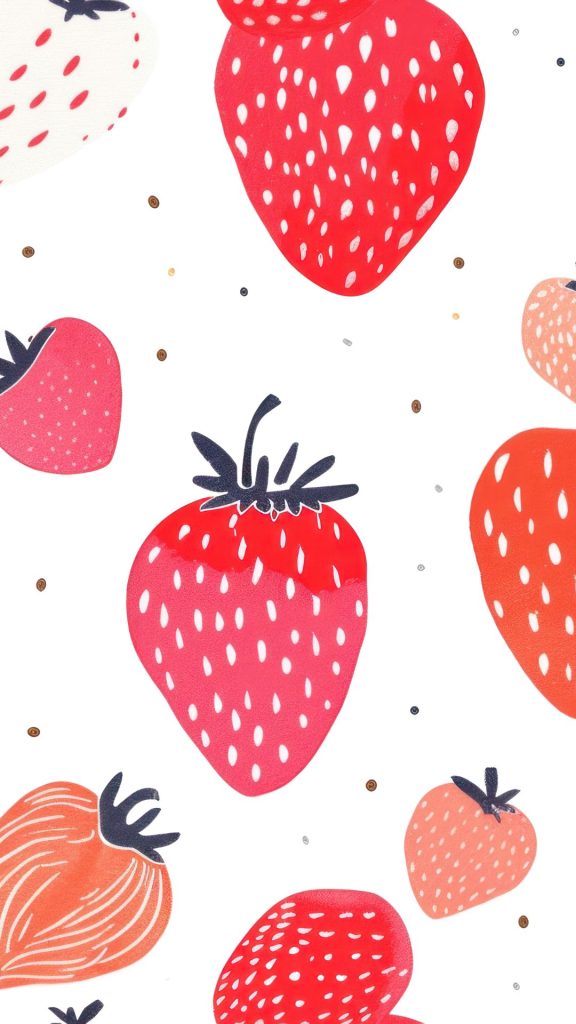 Strawberries in red and pink colours with white background pastel pink strawberry wallpaper