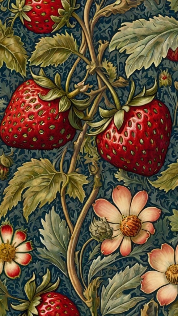 Strawberries with big leaves and branches on blue theme William Morris Strawberry Thief Wallpapers