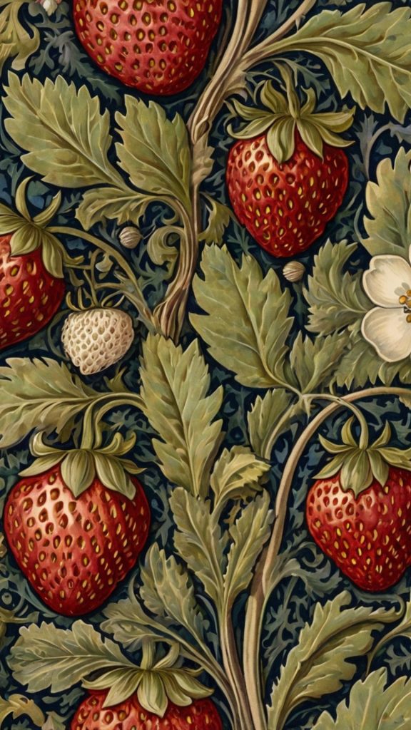 Strawberries with big leaves on blue background William Morris Strawberry Thief Wallpapers