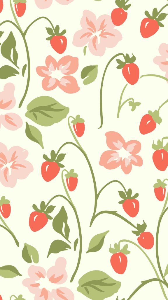 Strawberries with branch and flowers on white background pastel pink strawberry wallpaper