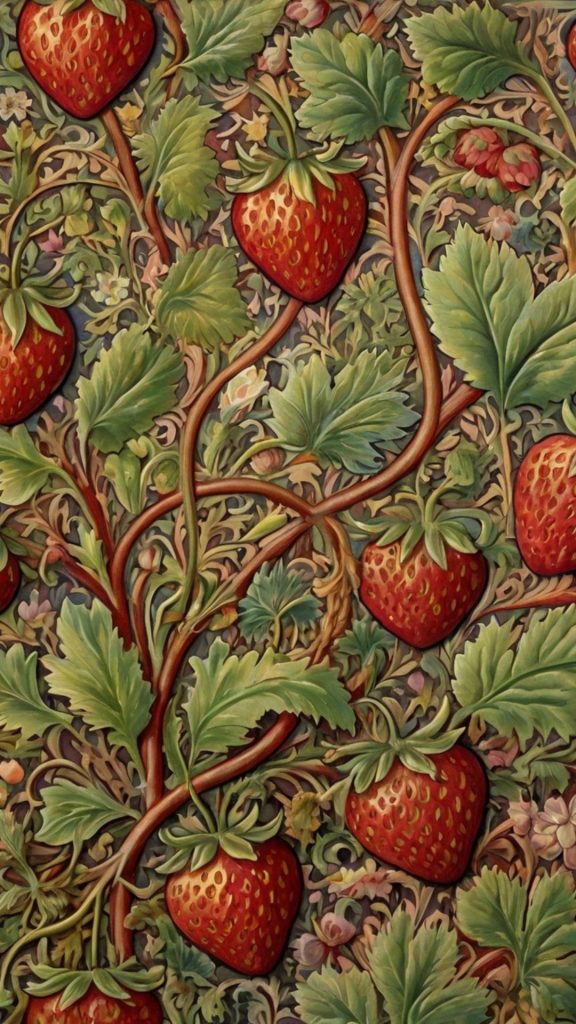 Strawberries with branches and leaves ancient art William Morris Strawberry Thief Wallpapers