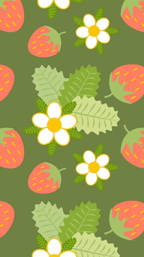 Strawberries with daisy flowers on green background pastel pink strawberry wallpaper