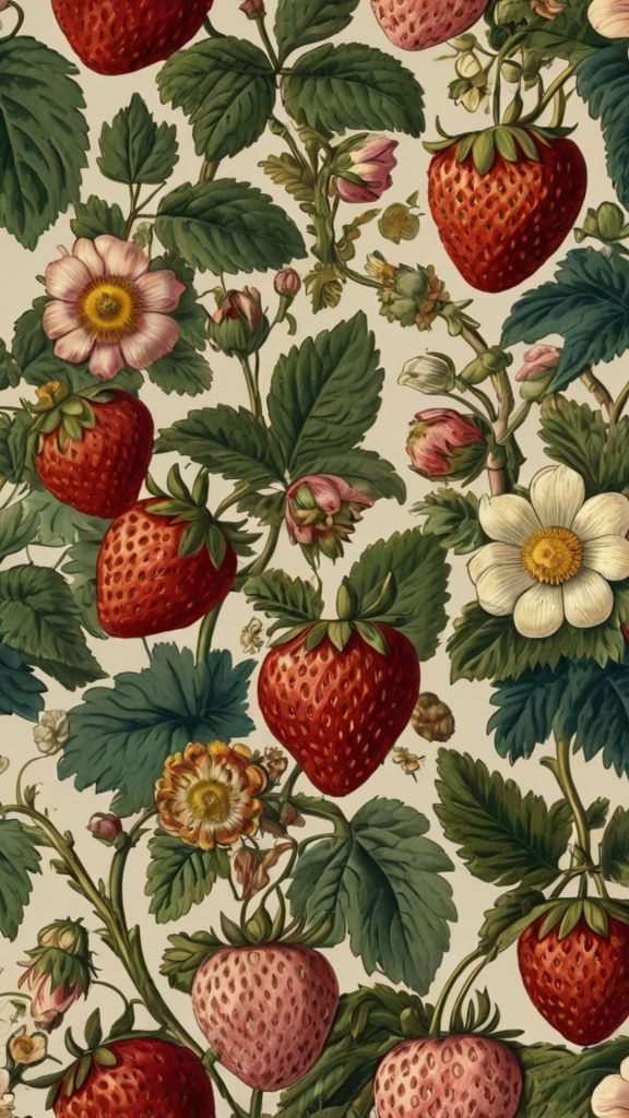 Strawberries with flowers and leaves and flower buds William Morris Strawberry Thief Wallpapers