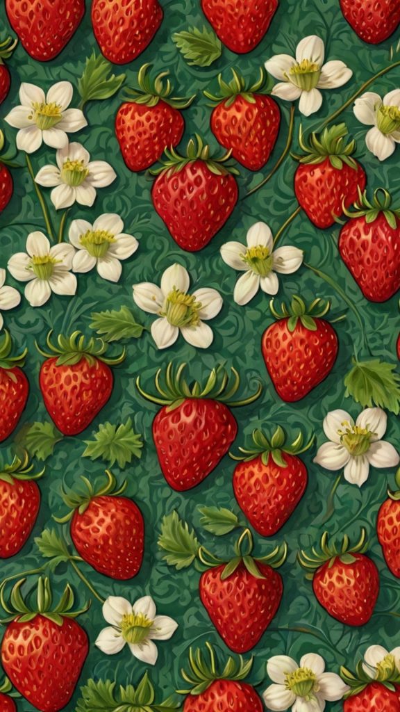 Strawberries with flowers on green wiiliam morris background William Morris Strawberry Thief Wallpaper