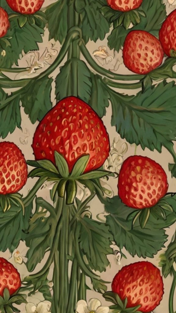 Strawberries with green leaves on beige background William Morris Strawberry Thief Wallpapers