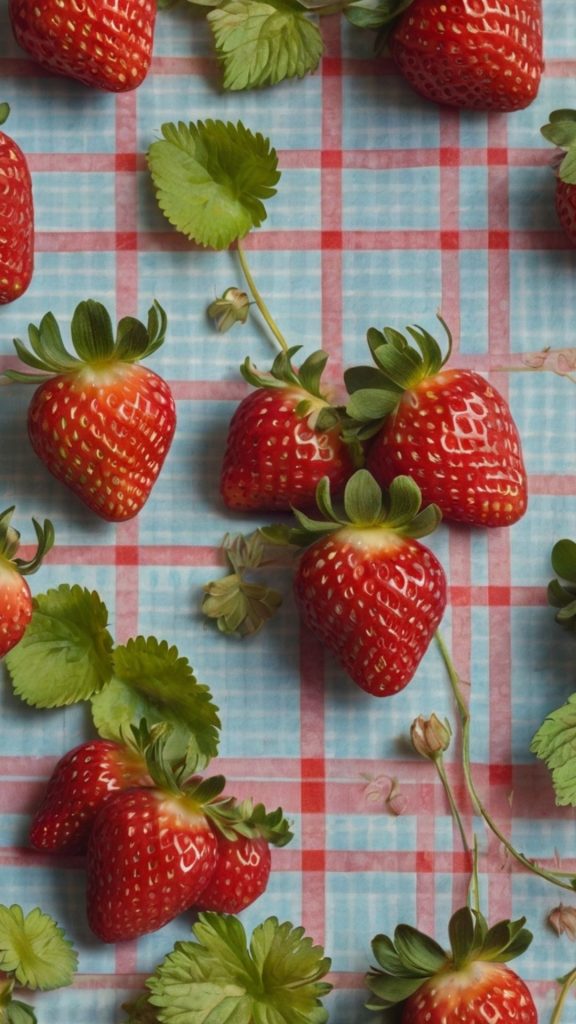 Strawberries with leaves on blur check background vintage strawberry wallpaper
