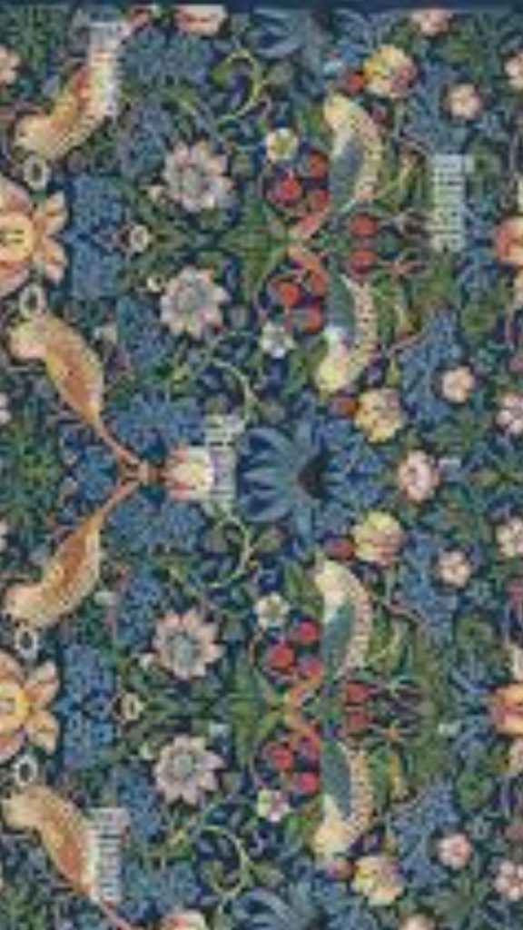 Strawberries with sparrows and textured floral background William Morris Strawberry Thief Wallpapers