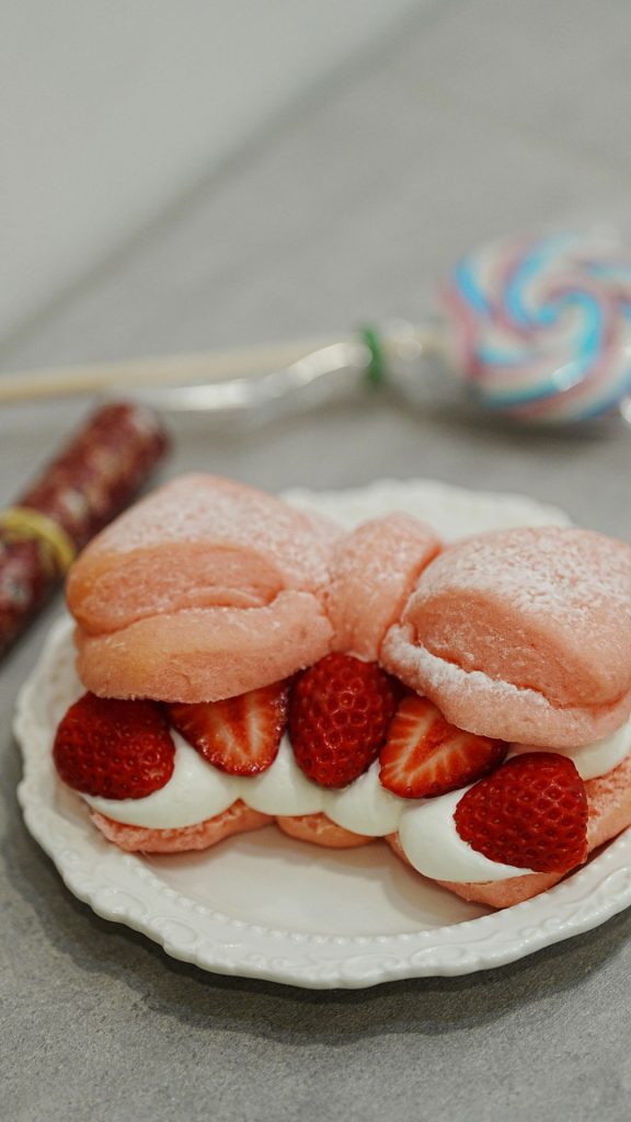 Strawberry and cream filled mini cakes pastel pink strawberry wallpaper