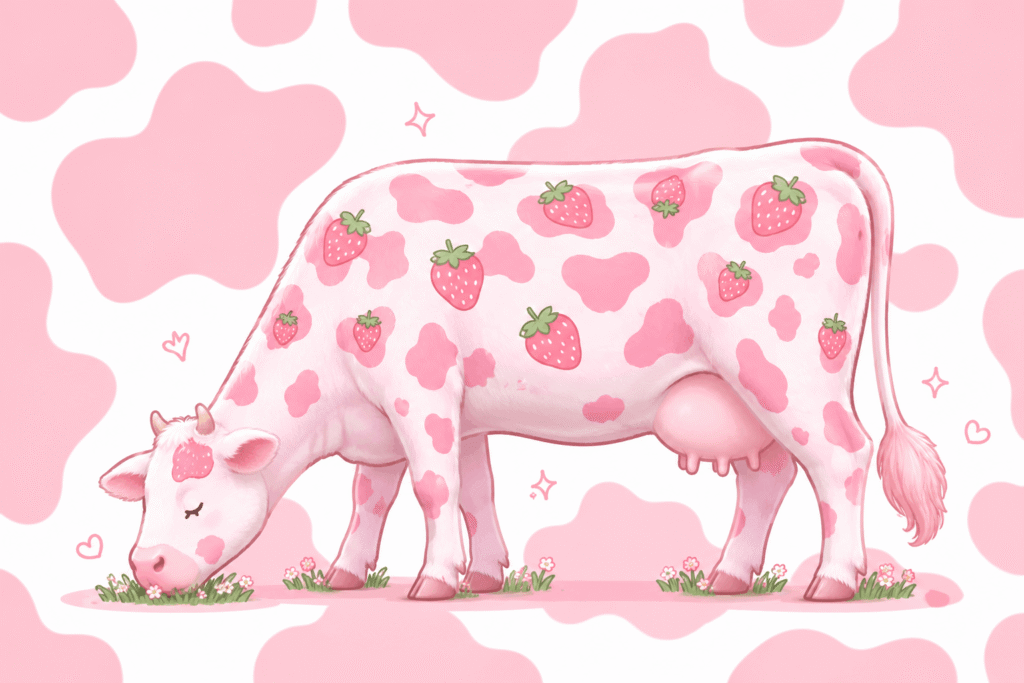 Strawberry cow grazing on pink pasture