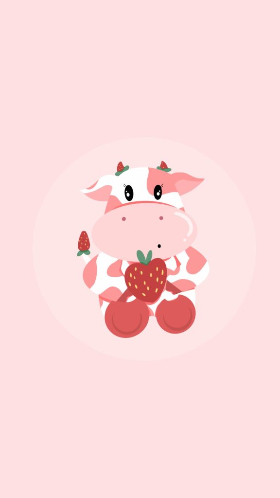 Strawberry horned baby cow with strawberries on light pink background kawaii strawberry cow wallpaper
