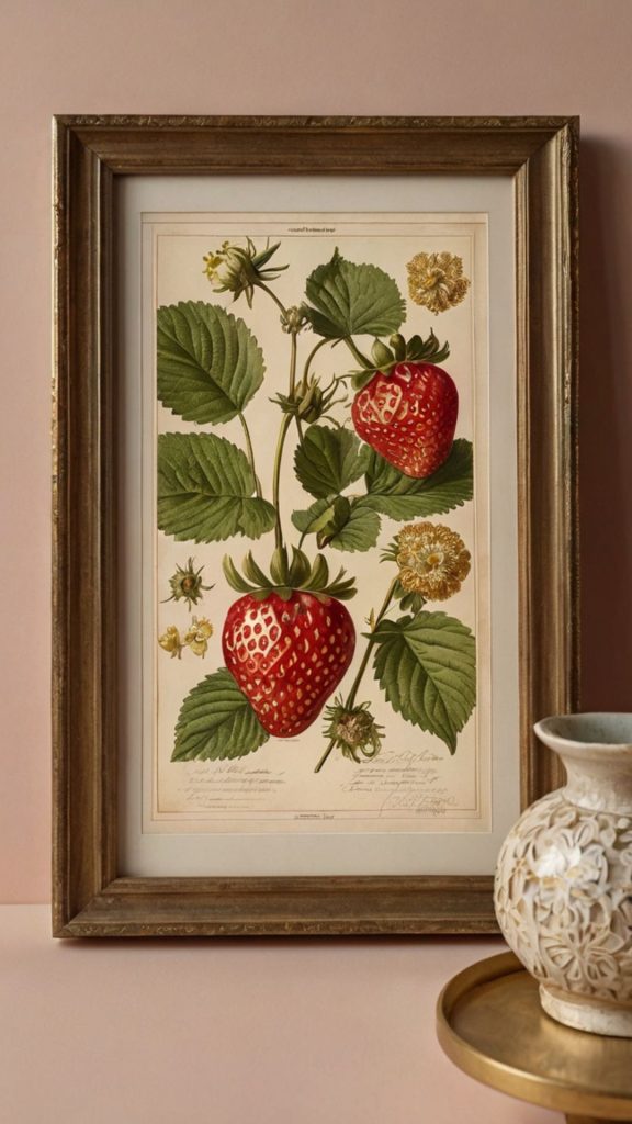 Strawberry painting with dull golden frame and strawberries and leaves on pink wall vintage strawberry wallpaper