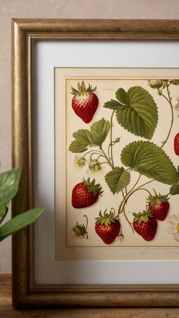 Strawberry painting with golden frame on baby pink background vintage strawberry wallpaper