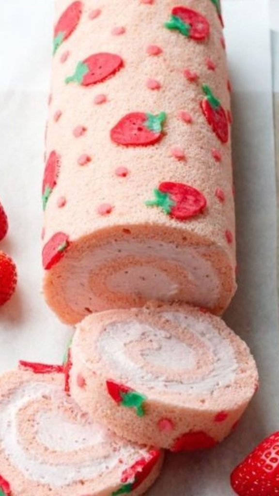 Strawberry swiss roll with cream pastel pink strawberry wallpaper