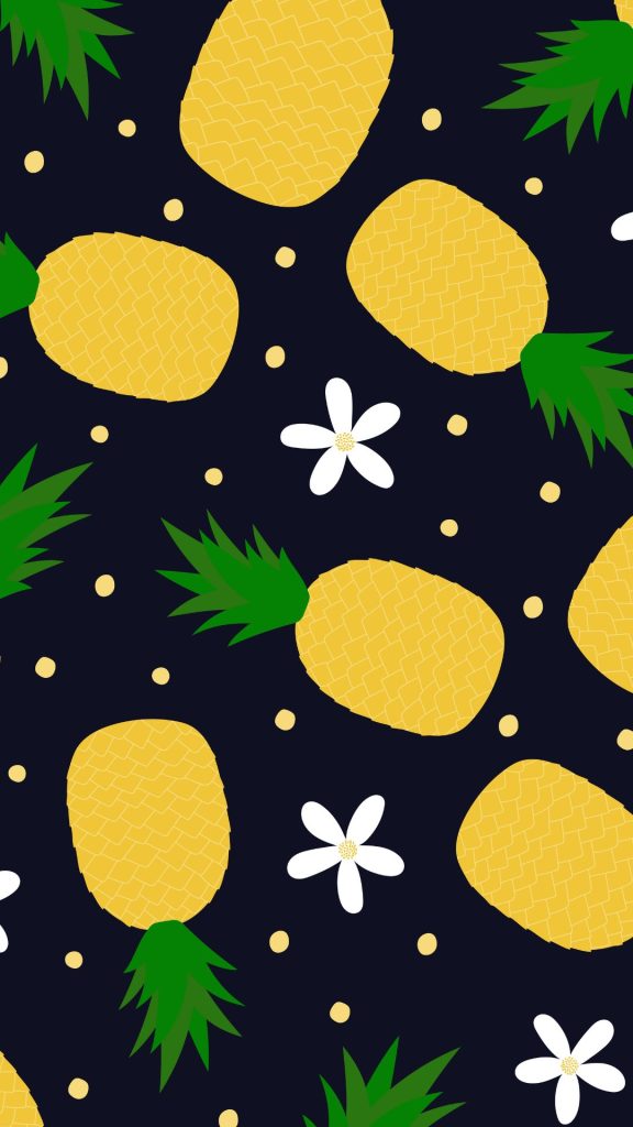 Sweet pineapples with green leaves and polka dots on black background Pineapple wallpaper