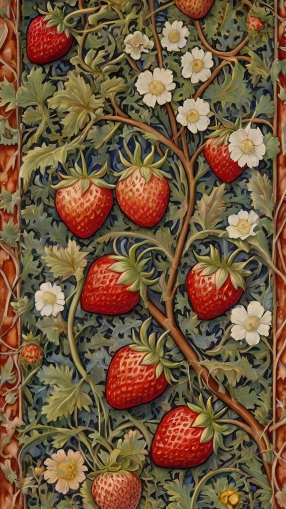 Vintage and aesthetic strawberries with flowers and ancient art William Morris Strawberry Thief Wallpapers