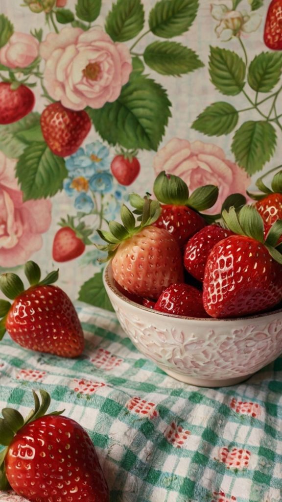Vintage chinese bowl filled with strawberries with aesthetic floral strawberries background vintage strawberry wallpaper