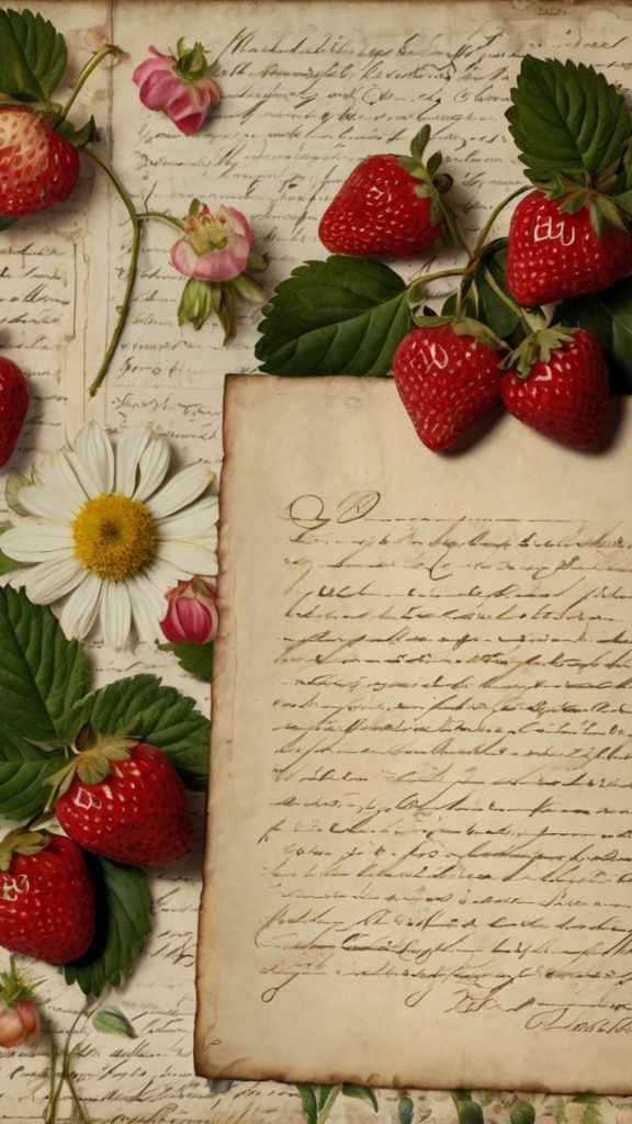 Vintage letters with strawberries with flowers & leaves vintage strawberry wallpaper