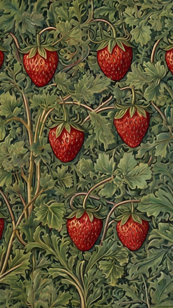 Vintage red strawberries with green leafy themed background William Morris Strawberry Thief Wallpapers