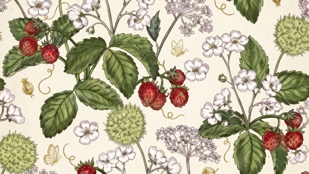 Vintage strawberry leaves wallpaper
