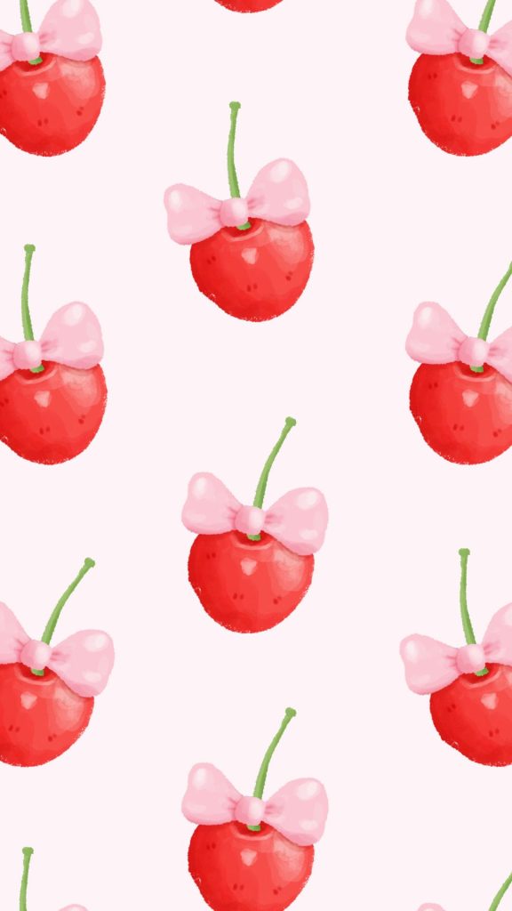 Water painted cherries with cute pink bows on white background aesthetic cherry wallpapers