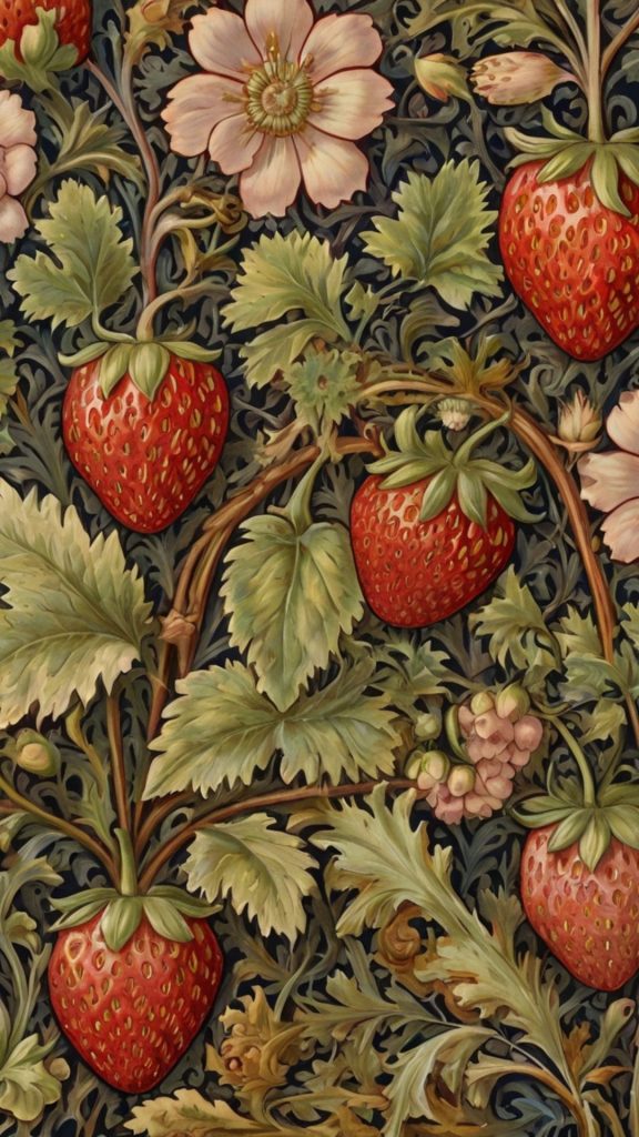 William morris inspired artistic strawberry background with flowers and leaves William Morris Strawberry Thief Wallpapers