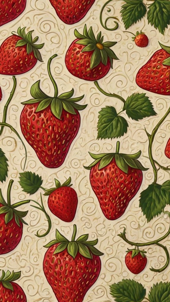 William morris inspired strawberry art with strawberries and beige background William Morris Strawberry Thief Wallpapers