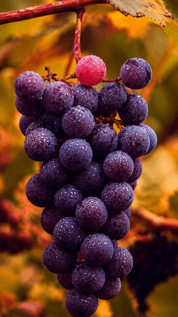 A bunch of purple grapes suspended from a vine