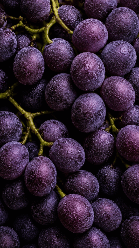 _A cluster of purple grapes displayed against a black background,