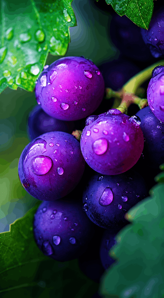 A cluster of purple grapes glistening with water droplets